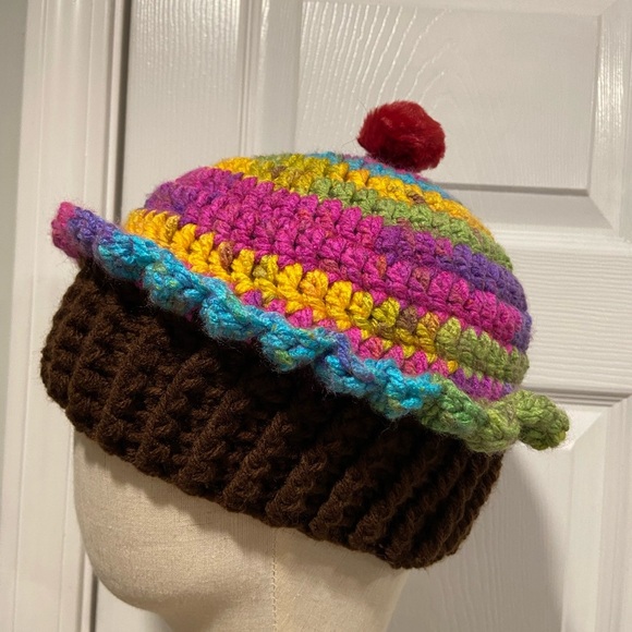 Handmade Accessories - Handmade Crochet Rainbow Chocolate Cupcake Beanie Winter Hat Cozy Comfy Warm